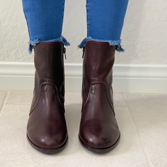 Red Wine Leather Chunky Heeled Combat Moto Boots - Picture 2 of 7